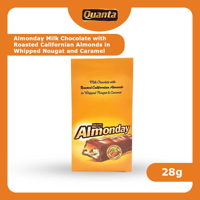 QUANTA ALMONDAY MILK CHOCOLATE WITH ROASTED CALIFORNIAN ALMONDS IN WHIPPED NOUGAT AND CARAMEL 12x28g