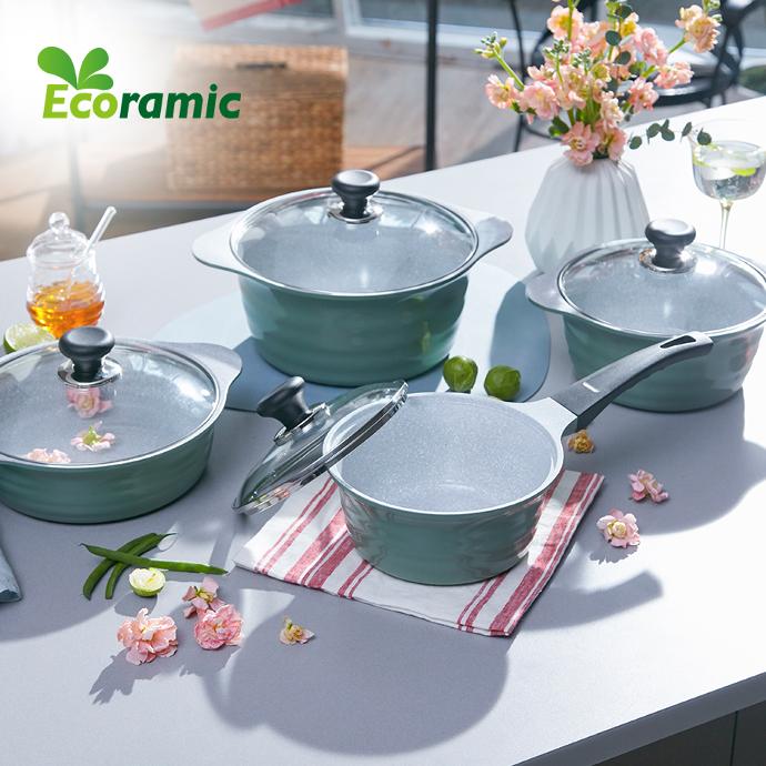 ECORAMIC BLOOMING POT SET OLIVE GREEN WITH FREE 2 PIECE SILICONE HOT HANDLE
