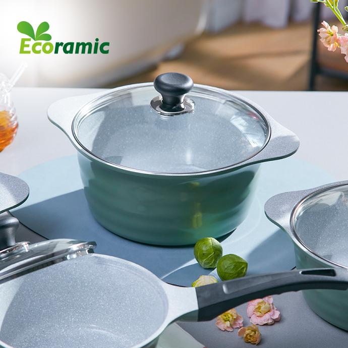 ECORAMIC BLOOMING DOUBLE HANDLE POT WITH GLASS LID OLIVE GREEN 20cm