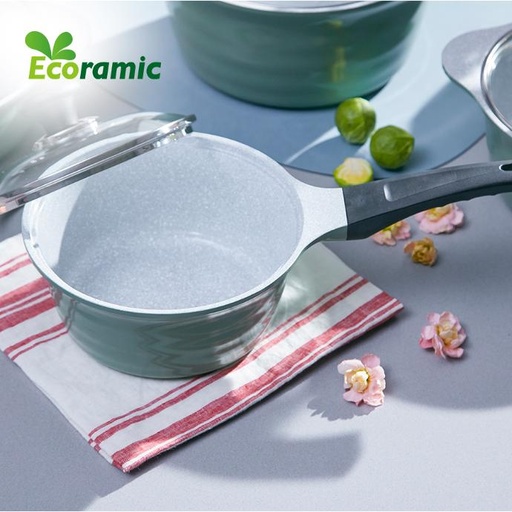 [6009581] ECORAMIC BLOOMING SINGLE HANDLE POT WITH GLASS LID OLIVE GREEN 18CM