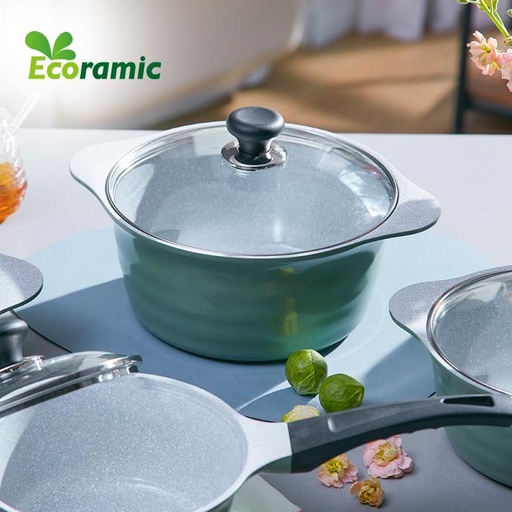 [6009582] ECORAMIC BLOOMING DOUBLE HANDLE POT WITH GLASS LID OLIVE GREEN 20CM