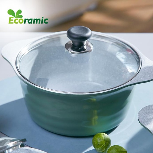 [6009584] ECORAMIC BLOOMING STOCK POT WITH GLASS LID OLIVE GREEN 24CM
