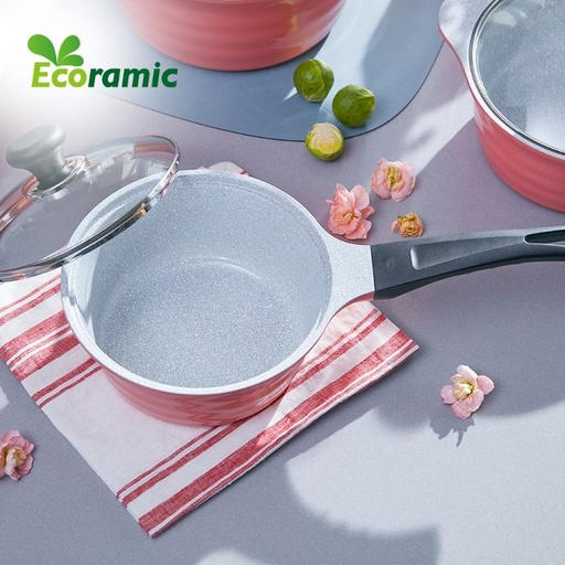 [6009577] ECORAMIC BLOOMING SINGLE HANDLE POT WITH GLASS LID PEACHY PINK 18CM