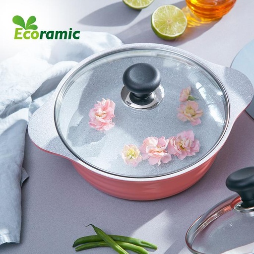 [6009578] ECORAMIC BLOOMING DOUBLE HANDLE POT WITH GLASS LID PEACHY PINK 20CM